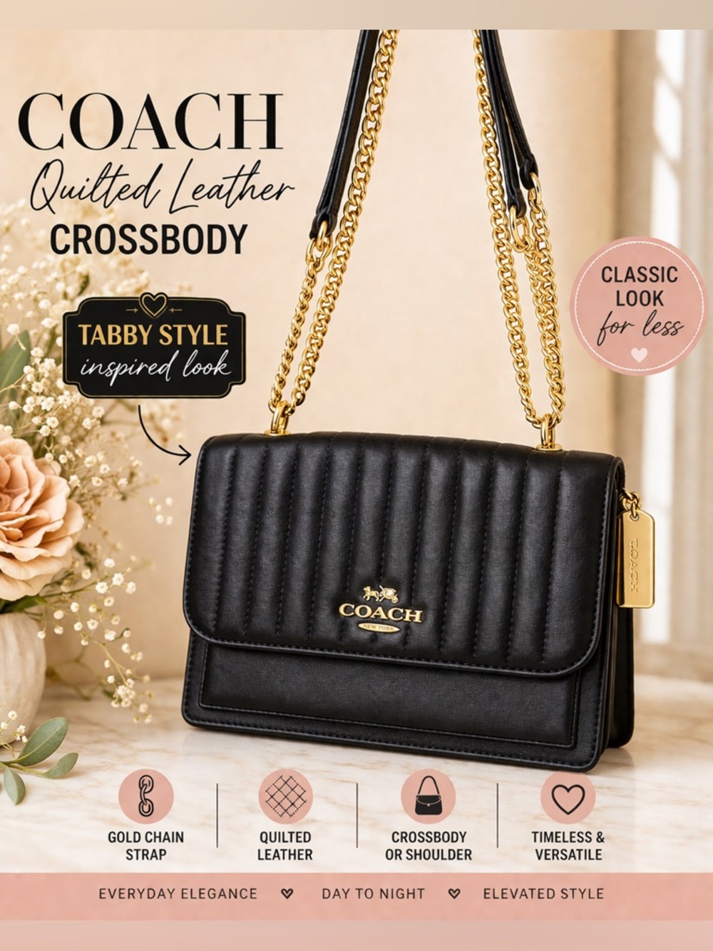 Coach Black Quilted Leather Crossbody Tabby Style Flap Gold Chain
